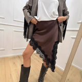 Pbong  New Autumn Solid Lace Patchwork Skirt Women Elegant Waist Cinched Mid-length Bottom Lady Party Daily Street Skirts