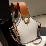 Pbong  Elegant White Pebbled Bucket Bag with Brown Accents, Convertible Crossbody or Top Handle Shoulder Bag for Women Daily Casual