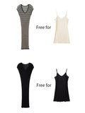 2025 Short Sleeve Stripe Knit Long Dress V-neck Thin Hollow Out Casual Dress High Stretchy Summer Vacation Beach Female Cloth