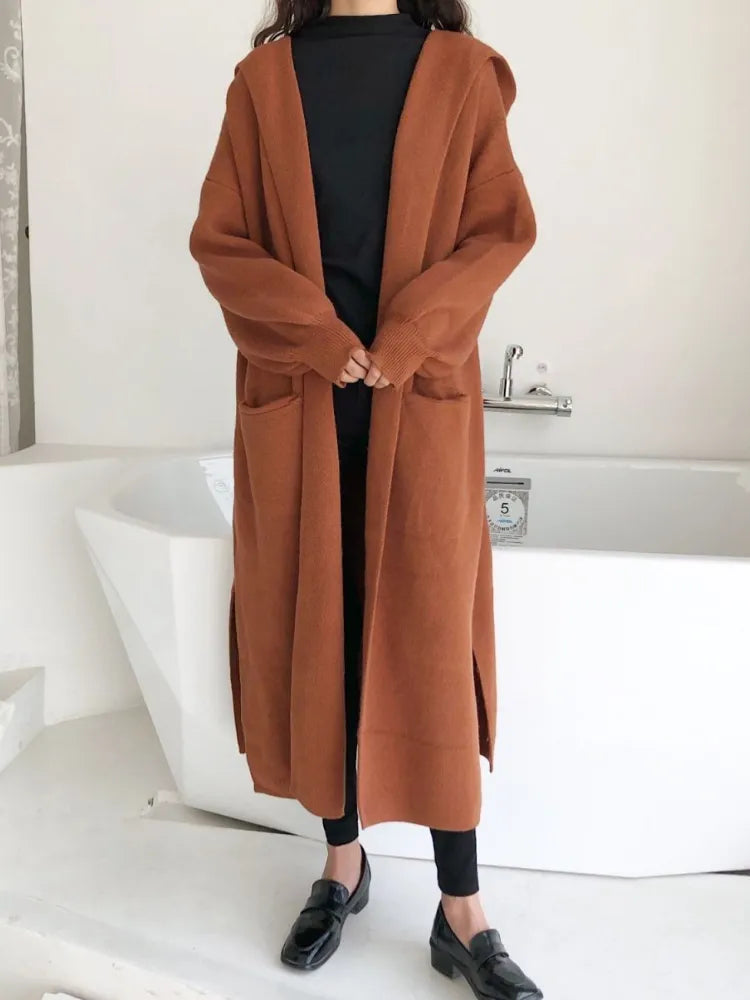 Fashion Women Sweaters Autumn/Winter Solid Hooded Knitted Cardigan Loose Long Coat Top Oversized Cardigan Womens Clothing