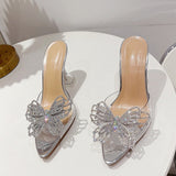 Summer Strange High Heels Slippers Sexy Street Woman Crystal Bowknot Pointed Toe Dress Shoes PVC Transparent Sandals
