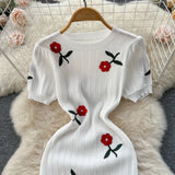Pbong  Summer Knitted Elegant Embroidery Dress French Fashion White Black Short Sleeve Bodycon Dress Chic Lady Party Vestidos