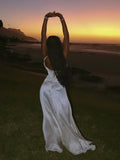 Elegant White Satin Drawstring Tie Backless Long Dress Women High Waist Square Neck Slim Sling Dresses New Sexy Beach Robes