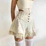 Pbong  Y2k Harajuku Vintage Shorts Solid Color Bandage Ruffles Patchwork High Waist Short Pants Slim Design Spicy Girl Women's Clothing