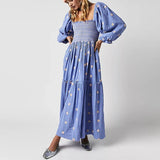 Pbong  Bohemian Floral Dress Women Square Neck Ruffle Swing A Line Maxi Dress Long Sleeve Beach Style Holiday Lady Club Party Dress