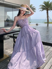 Women Sleeveless Slip Long Dress New Summer Elegant Boho Holiday Beach Dress Solid V-neck Pleated Bandage Dresses Backless
