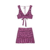 Fashion And Sexy Pleated Short Top And Pleat Skirt 2 Piece Set Floral Print Vest + Short Skirt Holiday Party Women Set 2025 New