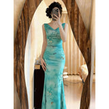 Pbong  Mint Wave een Vaion Strap Fi Tail Long Dr Women's Spring Summer  Print Pleated Waist Cinching Dr