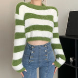 Fuzzy Knit Striped Sweater Pullovers for Women Soft Warm Long Sleeve Crew Neck Crop Knit Top Y2k Teen-girl Autumn Winter Outfit