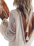 Pbong  Women's Lace White Dress Long Lantern Sleeve Deep V-neck Backless Mini Dress Casual Elegant Fall Dresses