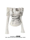 Luxury Fur Graphic Long sleeve T shirt Y2k Women Autumn Winter Off shoulder Tops 2000s Vintage Basic Blouse Tees White Shirt