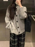Slouchy Knit Cardigan for Women Rib-knit Pockets Front High Neck Button Up Sweater Jacket Coat Female Autumn Winter Basic Outfit