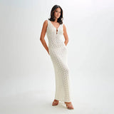 Sexy Hollow Out Crochet Pink Summer Tank Dress Sleeveless Transparent Sexy Fashion Long Dress Beach Vacation Female Clothing