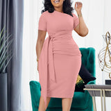 Pbong  Women Summer Short Sleeve Fashionable Pleated Elegant Band Collar Dress Trendy Pure Color Polyester Fabric