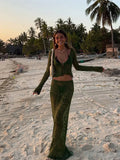 Women Sexy See Through Patchwork Long Skirt Set Fashion Long Sleeve Lace-up Shirt Tops Suit New Vocation Beach Outfits