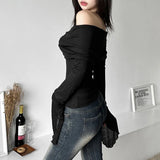 Fashion sexy slash-neck neck backless long sleeve T-shirt for women spring autumn solid color slim stacked trumpet sleeve tops