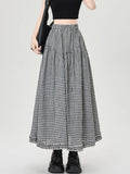 Pbong  Vintage Plaid Long Skirts Women Loose Y2K High Waist A Line Skirts Japan Retro Casual All Match Black White Plaid Skirt New