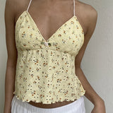 Floral Embroidered V Neck Bustier Crop Tops Y2K Backless Strappy Tie-up Halter Camis Fairy Coquette Ruffle Trim Sleeveless Vest