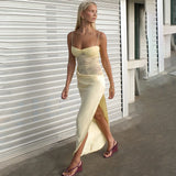 Lace Splice Long Spaghetti Strap Dress Female Backless High Slit Sexy Vacation Dress Elegant Sleeveless Women's Fashion