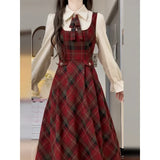 Pbong  Single Piece School Style Japanese Plaid Strap Dress Women Student Waist Cinching Slimming Midi Length Overalls Skirt Set