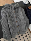 Vintage Y2K Gray Hooded Cardigan Women Lazy Wind American Harajuku Knitted Sweater Fall Winter Retro Long Sleeve Bf Casual Tops