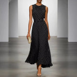 Elegant Polka Dot Long Dress Women Summer Fashion Sleeveless O-neck Maxi Dresses Casual