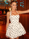 Halter Print Polka Dot Mini Dress Women Fashion Off-shoulder Sleeveless Backless High Waist A-line Club Party Dress