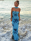 Fashion Print Ribbon Strapless Dress For Women Slim Halter Neck Elegant Long Dress Summer Fashion Vacation Ladies Dress