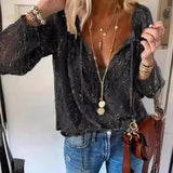 Women's Retro Ethnic V-Neck Lace Chiffon Shirt Casual Loose Office Top Spring Fashion Ladies Tops