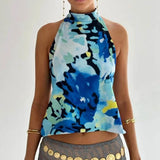 Women Y2k Graphic Print Halter Tank Top Summer Sleeveless Going Out Crop Tops Boho Sexy Backless Vacation Beach Camisoles Vest