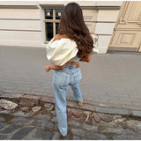 Pbong  Satin Off-Shoulder Top with Oversized Bow Detail Slim Fit Short Sleeve Summer Women Party Top Elegant Retro Lady Blouse