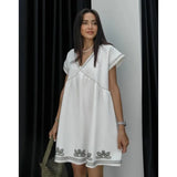 Boho Casual V-neck Short Dress 2025 New Plant Embroidery Loose Fashion Women Dress Vacation Beach Summer Female Clothing