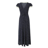 Pbong  Women Navy Blue Polka Dot Long Dress Lace Trim V Neck Short Sleeve A-line Elegant Holiday Dresses Summe Maxi Robe