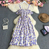Pbong  Korean Fashion Sweet Off Shoulder Women Party Dress New Summer Floral Print Vacation Long Dress Beach Vestidos