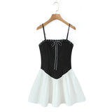 Pbong  Sexy Black Spliced White Sling Dress Women Drawstring Ribbon Bow Slash Collar Slim Low Waist Swing Mini Dresses Summer Robe