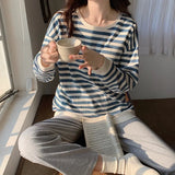 Pbong  Spring New Arrived Pajamas Set Women Comfort Cotton Stripe Long Sleeve Tops With Chest Pat Long Trousers Ladies Pullover Pjs Set