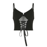 Pbong  Gothic Dark Y2k Camisole Women Streetwear Harajuku Grunge Cyber Punk Mesh Patchwork Bandage Corset Crop Tank Tops Female