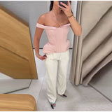 Pbong  Blush Off-Shoulder Corset Peplum Top Structured Waist Fitted Blouse for Summer Fashion Office Party Casual  Women Blouse