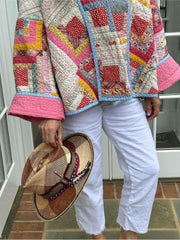 Pink Vintage Print Patchwork Cotton Coats For Woman Casual Loose Long Sleeve Short Jackets Autumn Female High Street Outerwear