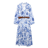 Blue Flower Print Fashion Long Dress Ruffle V-neck Lantern Sleeve Chic Spring Dress With Belt Vacation Beach Vestidos
