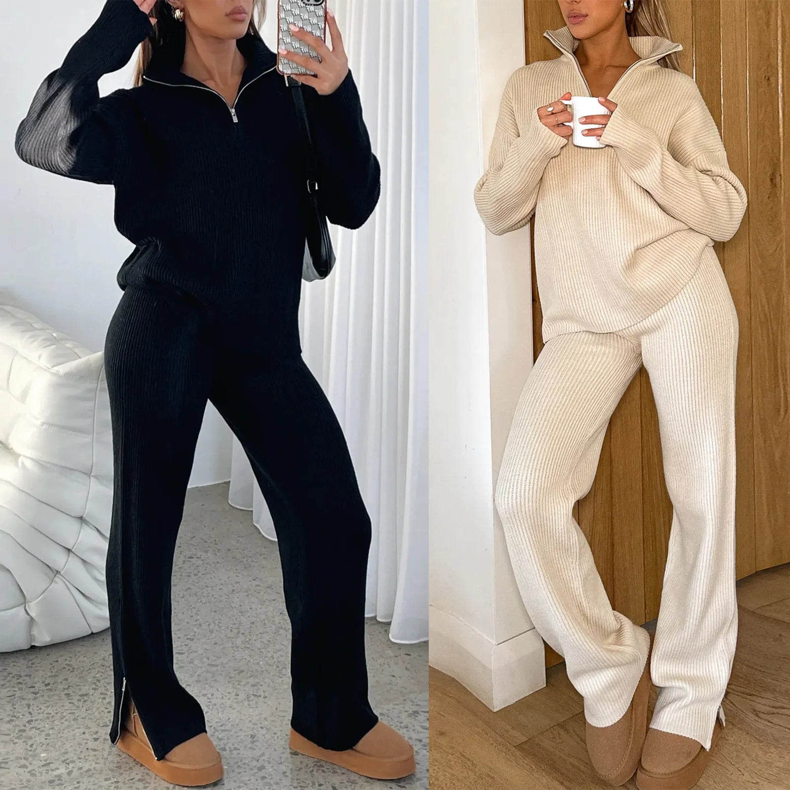 Women's trouser suits spring and autumn long sleeved sweaters short zipper stand collar casual street clothes Cosy Pants Set