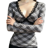 Pbong  Y2K Lace Lace T Shirt Women Deep V Neck Plaid Long Sleeve Slim Fit Slimming Fashion Inner Top Pure Desire Sweet Style