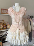 Japanese Lolita Kawaii 2000s 2 Piece Skirt Sets Sweet Lace Short Sleeve Blouse + Slim Cake Mini Skirt Y2k Harajuku Vintage Suits