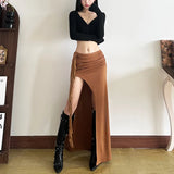 Pbong  Vintage Fashion Solid High Waist Long Skirts E-girl Grunge Tassels Pleat Irregular Skirt Women Streetwear Y2K Bottoms
