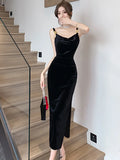 Black Velvet Backless Sexy Sling Slit Long Dress for Women Autumn Winter Elegant Dance Party Dress 2023 Korean Vintage Vestidos