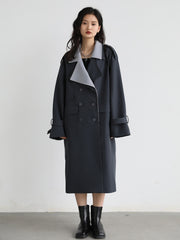 Women Trench Coat Solid Loose Contrast Double Collar Double Breasted Long Women's Windbreaker Office Lady Spring Autumn