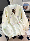 3D Floral Sweet Bow Cardigan Sweaters Women Preppy Style Loose V Neck Korean Knitted Jacket Casual Fashion Long Sleeve Fall Tops