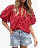 Pbong  Fashionable Casual Lace Embroidery Women's Shirt V-Neck Button Hollow out Lantern Sleeve Summer Top Cross-Border Clothing