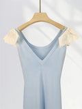 Peter Pan Collar Ruffle Knit Long Dress 2025 Blue Embroidery Patchwork Sweet Chic Tank's Dress Sleeveless Slim Summer Dresses