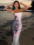 Backless Dress Women Flower Print Contrast Strapless Sleeveless Irregular Bottom Pleated Midnight Club Party Vestidos